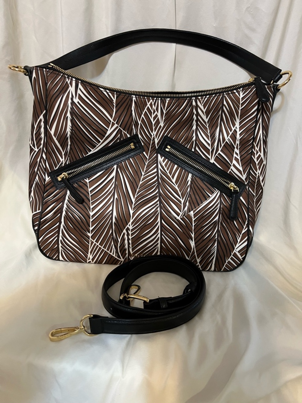 Vera Bradley Brown Leaf-Print Shoulder Bag with Black Trim